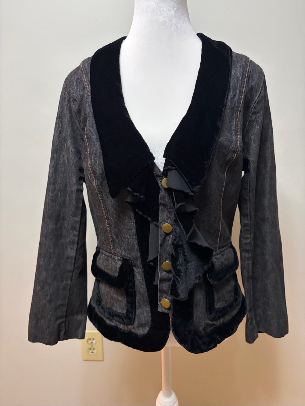 Jeanology Collection Denim Velvet Ruffle Trim Blazer Jacket Sz 14 Whimsigoth